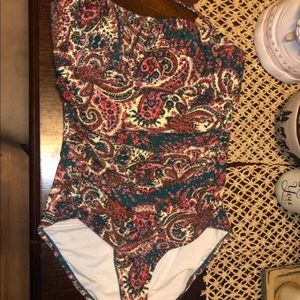 J. Crew Red and Green One Piece Swimsuit with Paisley Design